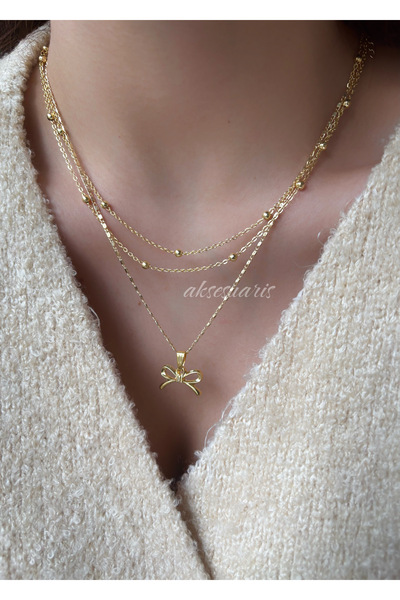 aksesuaris 3'lü Gold Zincir Kurdele Kolye Set