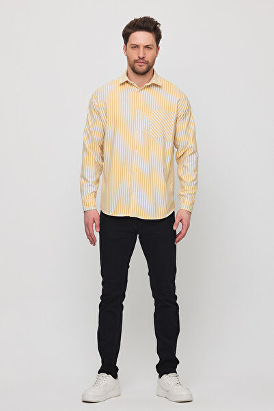 cotside Oversize Polo Yaka Çizgili Cepli Uzun Kollu Pamuklu Gömlek