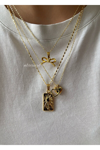 aksesuaris 3'lü Kurdele Gold Charm Kadın Kolye Kombin