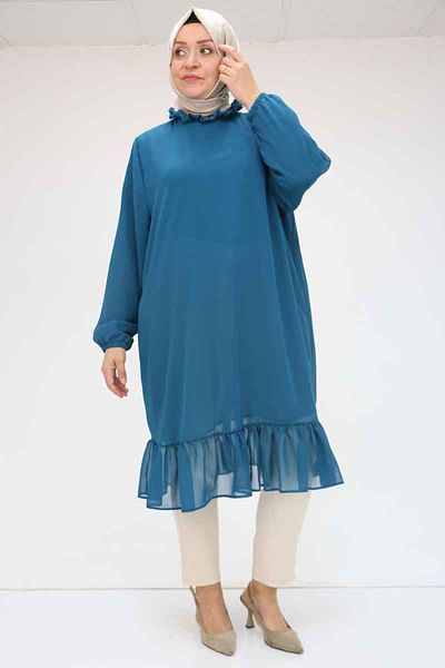 Eslina 58017 Plus Size Chiffon Tunic with Ruffled Hem - Petrol