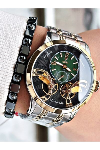 Fiesta Gold Silver Color Double Turbine Automatic Business Men's Wrist Watch + Bracelet