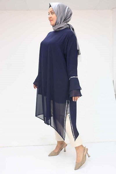 Eslina 58018 Large Size Sleeve Flounce Stone Printed Chiffon Tunic - Navy Blue