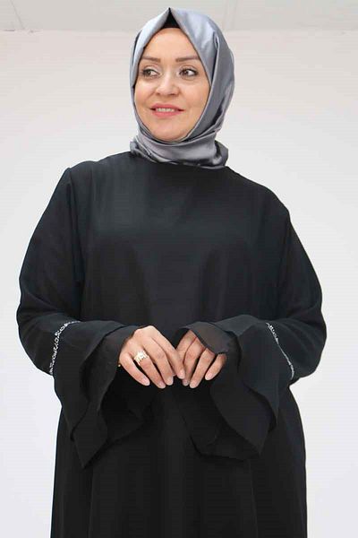 Eslina 58018 Large Size Flared Sleeve Stone Printed Chiffon Tunic - Black