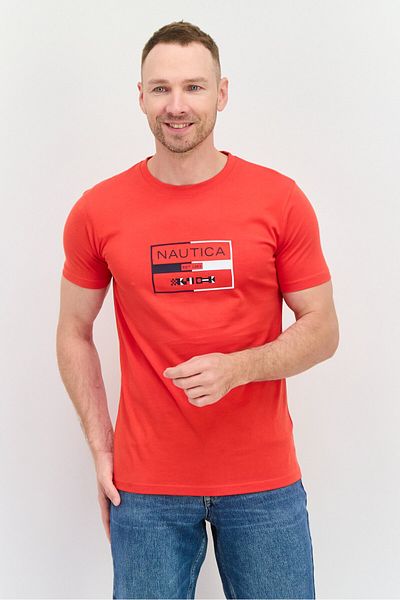 Nautica Men Crew Neck Short Sleeve Graphic T Shirt, Red Combo