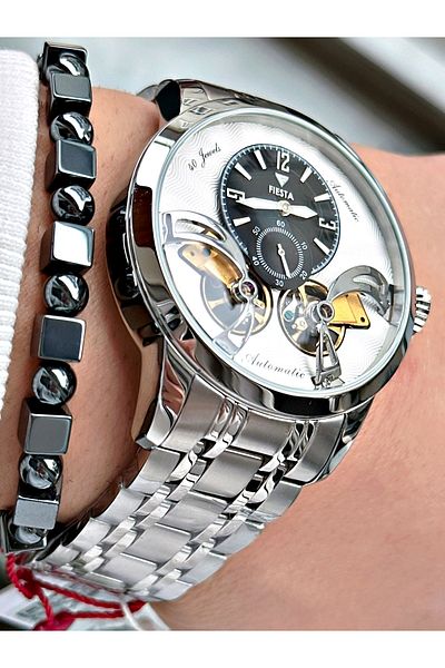 Fiesta Silver Color Double Turbine Automatic Business Men's Wrist Watch + Bracelet
