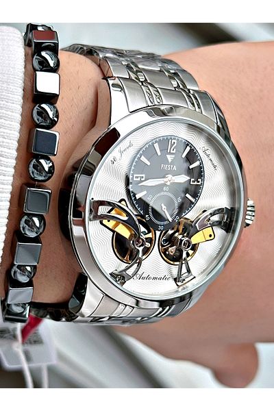 Fiesta Silver Color Double Turbine Automatic Business Men's Wrist Watch + Bracelet