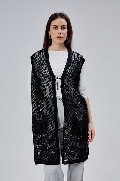 larocci Women's Standard V-Neck Mesh Detailed Floral Pocket Long Mother Vest