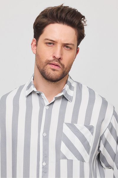 cotside Oversize Polo Neck Striped Pocket Long Sleeve Cotton Shirt