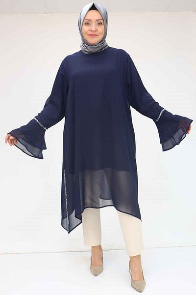 Eslina 58018 Large Size Sleeve Flounce Stone Printed Chiffon Tunic - Navy Blue