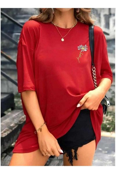 İpli Oversize T-Shirt Printed Red Color