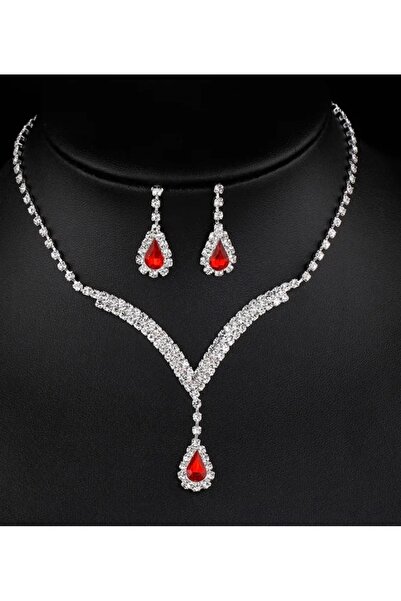 Mihra Aksesuar Red Drop Stone Necklace Earring Set Gift Jewelry Set