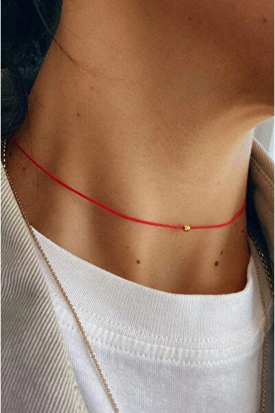 AAcc. Altın Kaplama Minimal Dorika Boncuk Kırmızı Floş Ip Kolye