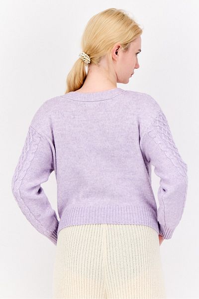 No Comment Women V Neck Knitted Cardigan, Lavender