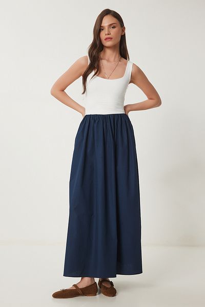 Lovelyİstanbul Rochie de contrast cu top tricotat elastic și fustă din popelin DARK BLUE BONE LFN0093