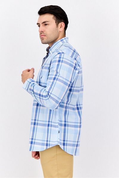 Nautica Men Classic Fit Embroidered Logo Long Sleeve Casual Shirt, White/Light Blue