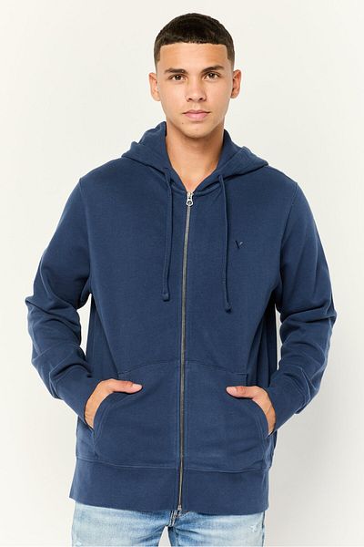 AMERICAN EAGLE Men Long Sleeve Embroidered Logo Full Zip Hoodie, Navy