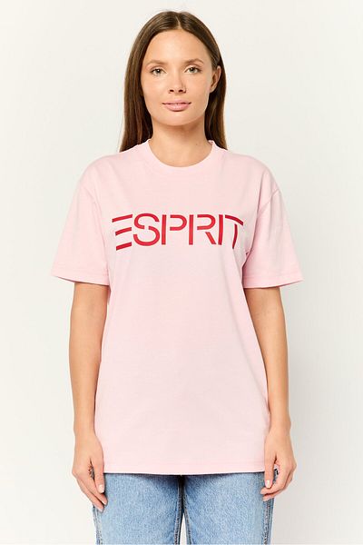 Esprit Women Crew Neck Short Sleeves Brand Logo T-shirt, Pink