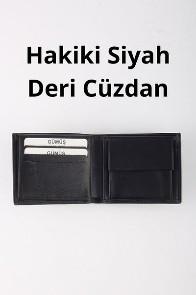 GÜMÜŞ Genuine Leather Coin Horizontal Men's Wallet Black, Double Leaf Card Holder