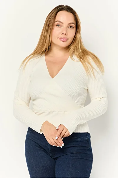 No Comment Women Surplice Neck Knitted Sweater, Cream
