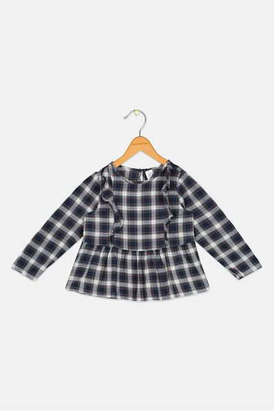 GAP Toddlers Girl Long Sleeves Checkered Top, Navy Combo