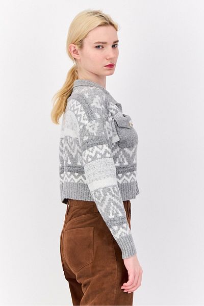 PİNK ROSE Women Spread Collar Knitted Cardigan, Light Grey