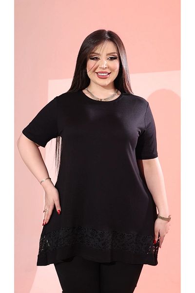 HÜLYA BUTİK Women's Large Size Black Lace Short Sleeve Blouse