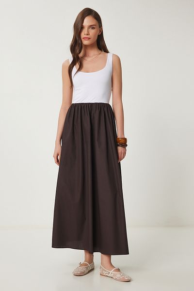 Lovelyİstanbul Ελαστικό πλεκτό τοπ Poplin Skirt Contrast φόρεμα ΛΕΥΚΟ ΚΑΦΕ LFN0093