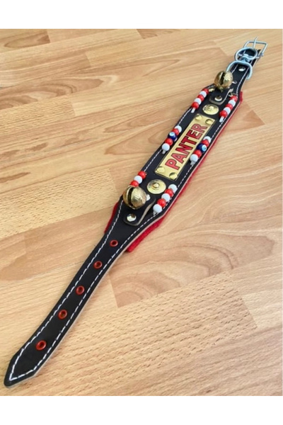 Sürmeli Tasma İsteğinize Özel İsimli Yavru Kangal Tasması Hakiki Deri 2 Zilli Boncuklu