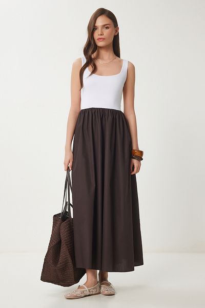 Lovelyİstanbul Ελαστικό πλεκτό τοπ Poplin Skirt Contrast φόρεμα ΛΕΥΚΟ ΚΑΦΕ LFN0093