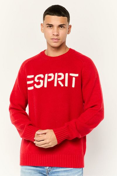 Esprit Men Ribbed Collar Long Sleeves Embroidered Logo Sweaters, Red
