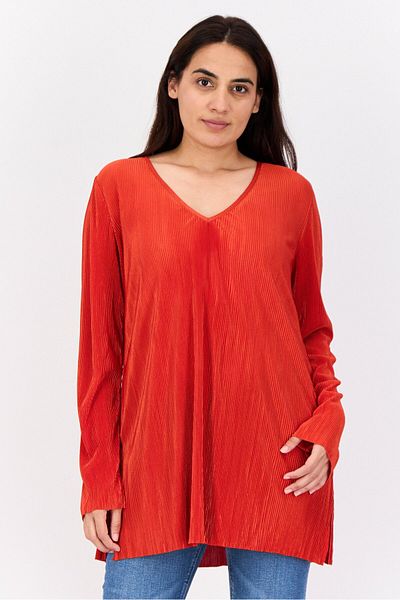 CYRUS Women V Neck Long Sleeves Mini Pleated Tunic Top, Orange