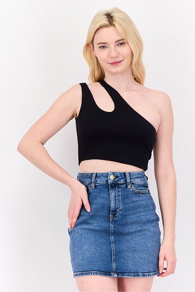 Esprit بلوزة نسائية قصيرة مضلعة بكتف واحد، لون أسود