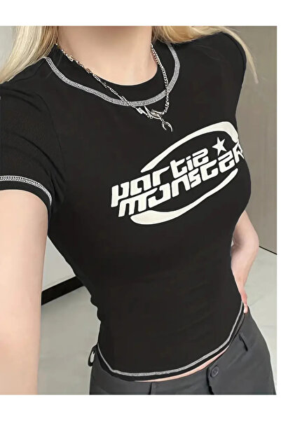 eyonnwear Λεπτό ρετρό μπλουζάκι με κοντό μανίκι μαύρο Crop Y2k Harajuku Slim