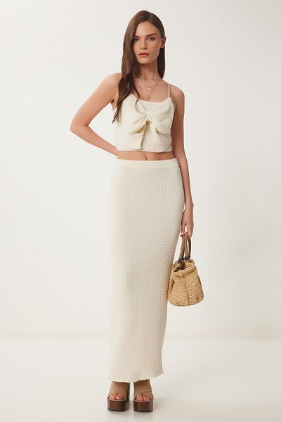 Lovelyİstanbul Set de fuste crop tricotaje de vară cu fundă CREAM LNS0036