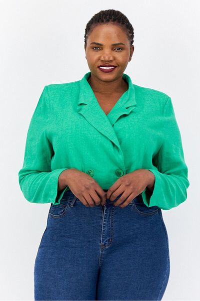 Flounce London Women Plus Size Chambray Semi Formal Cropped Blazer, Bold Green