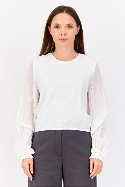Esprit Women Crew Neck Pleated Blouse, White