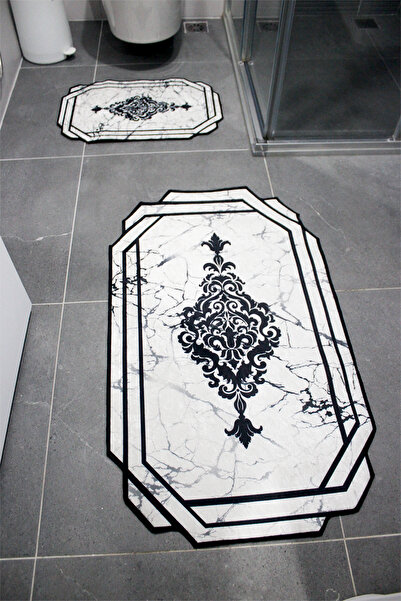 Charmbi سجادة حمام من الرخام باللونين الأبيض والأسود، قاعدة مضادة للانزلاق، يمكن غسلها في الغسالة، مجموعة سجادة حمام مكونة من قطعتين