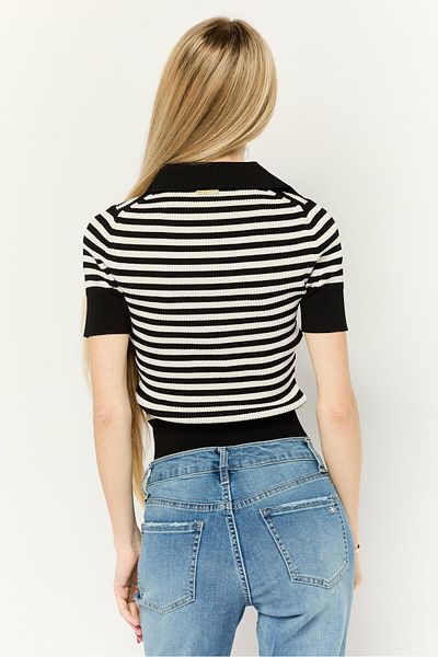 Michael Kors Women Henley Neck Short Sleeves Stripe Top, Black/white