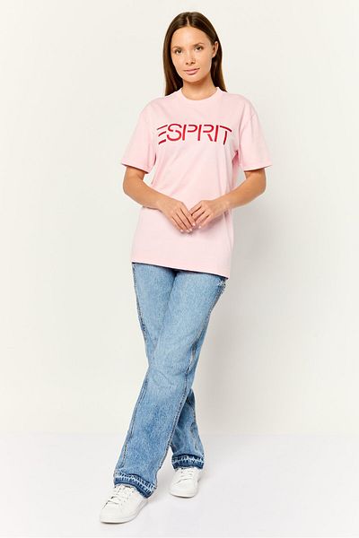 Esprit Women Crew Neck Short Sleeves Brand Logo T-shirt, Pink
