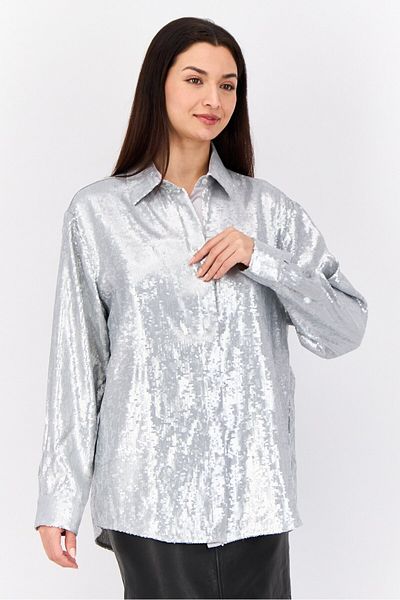 Esprit Women Spread Collar Long Sleeves Sequin Blouse, Silver