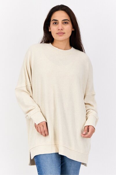 AMERICAN EAGLE Women Oversized Crew Neck Textured Sweater, Cream
