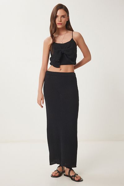 Lovelyİstanbul Bow Summer Knitwear Crop Skirt Set Black Lns0036