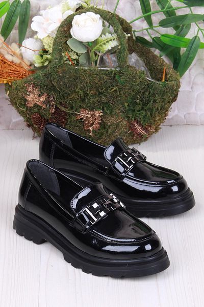 fort 35801 Black Patent Leather Buckle Detailed Comfortable Loafer Women's Shoes