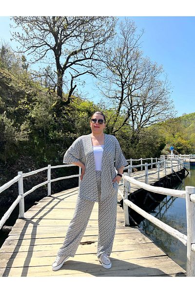 MJORA Set tricotat kimono și pantaloni de mărime mare