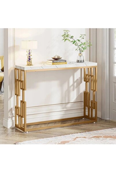 HNC HOME Modern Metal İskeletli Özel Tasarım Dresuar Konsol Makyaj Masası, Petek Üstü Raf, 108x30 cm