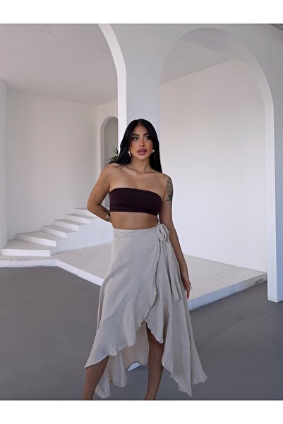 Buklemoda Beige Asymmetrical Skirt Muslin Fabric