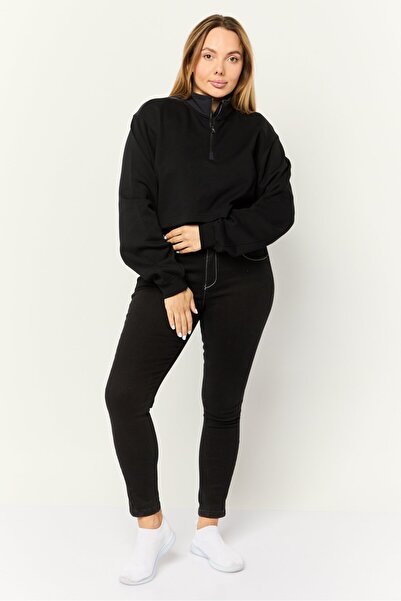 Esprit Women High Neck Solid Long Sleeves Cropped Sweatshirts, Black