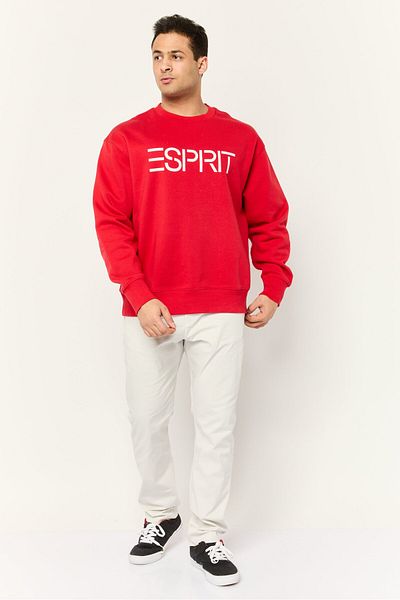 Esprit Men Ribbed Collar Long Sleeves Brand Logo Sweatshirts, Red
