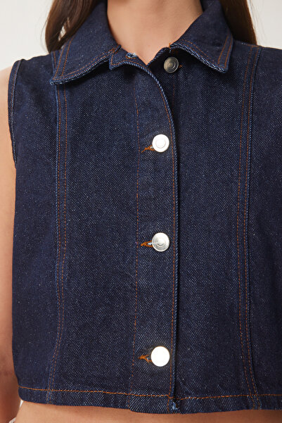 Lovelyİstanbul Polo Neck Crop Denim Vest Dark Blue Lus0107