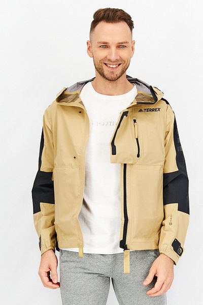adidas Men Sportswear Fit Long Sleeve Outdoor Windbreaker Jacket, Beige/black